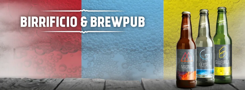 Grafica di Vapori di Birra con bottiglie e il nome del birrificio e brewpub.